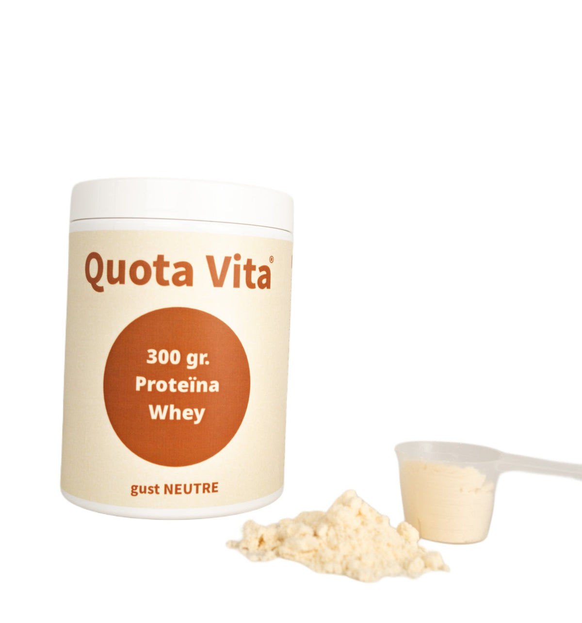 Pot de whey Quota Vita gust neutre amb el cullerot ple de pols