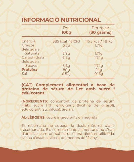 Informació nutricional Whey Protein crema catalana